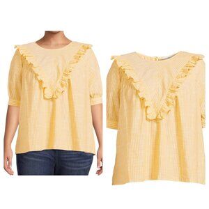 NWT Terra & Sky Womens Plus SZ 1X Yellow Ruffle Blouse Short Sleeve Casualwear